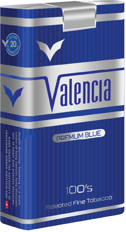 Valencia 100s Premium Blue cigarettes retail packaging