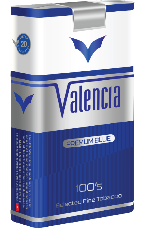 Valencia 100s Premium Blue cigarettes retail packaging