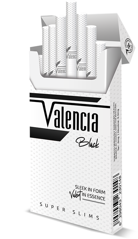 Valencia Super Slims Silver super slim black cigarettes retail packaging