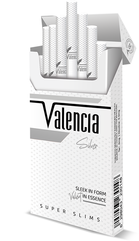 Valencia Super Slims Silver super slim cigarettes retail packaging